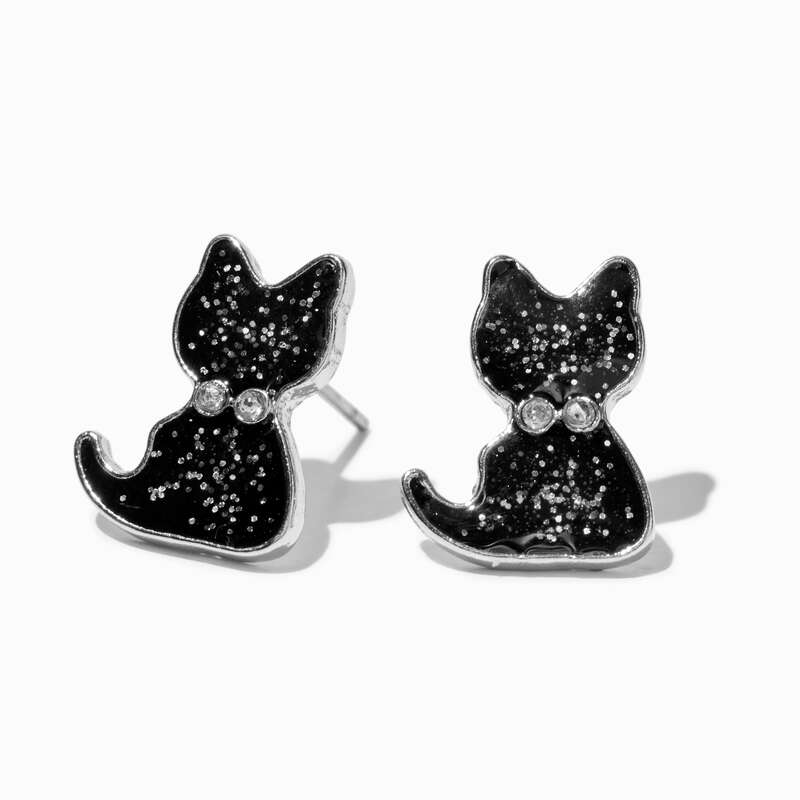 "Meow-ight" Cute Black Cat Glitter Stud Earrings