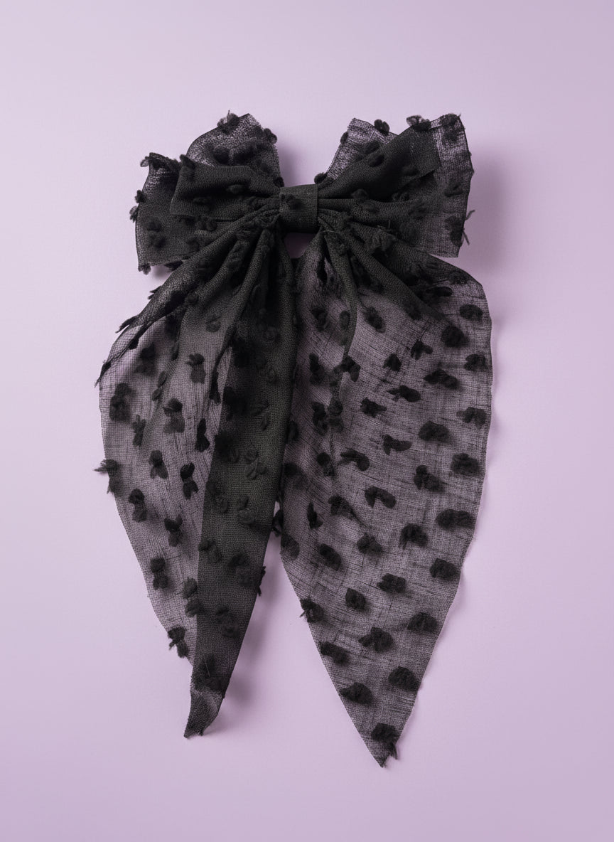 "Gothic Button" Unique Oversize Black Sheer Hairbow with Dot Accents