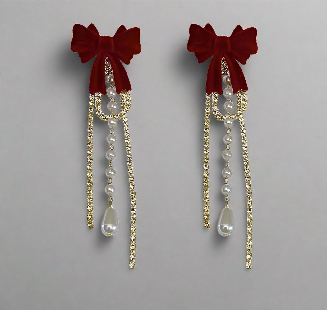 "Sweet Tassel" Burangdy Red Bow Earrings