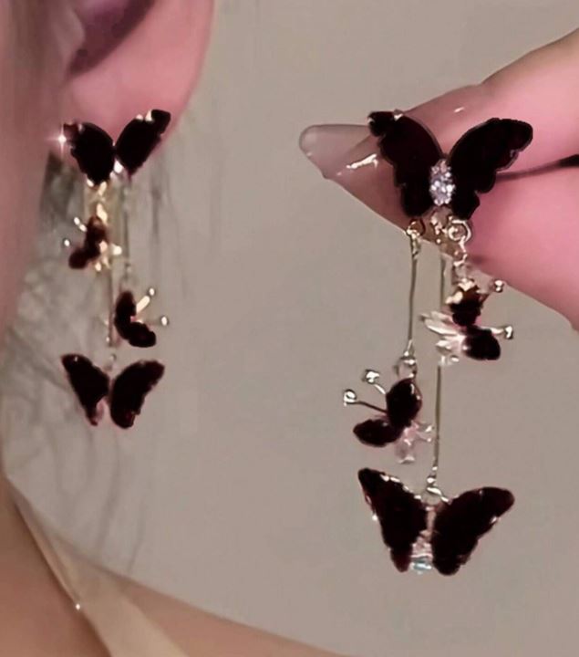 "Guardian" Black gothic Gold Tone butterfly Earrings