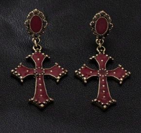 "Dark Forest" Unique Burgandy Coppertone Cross Earrings