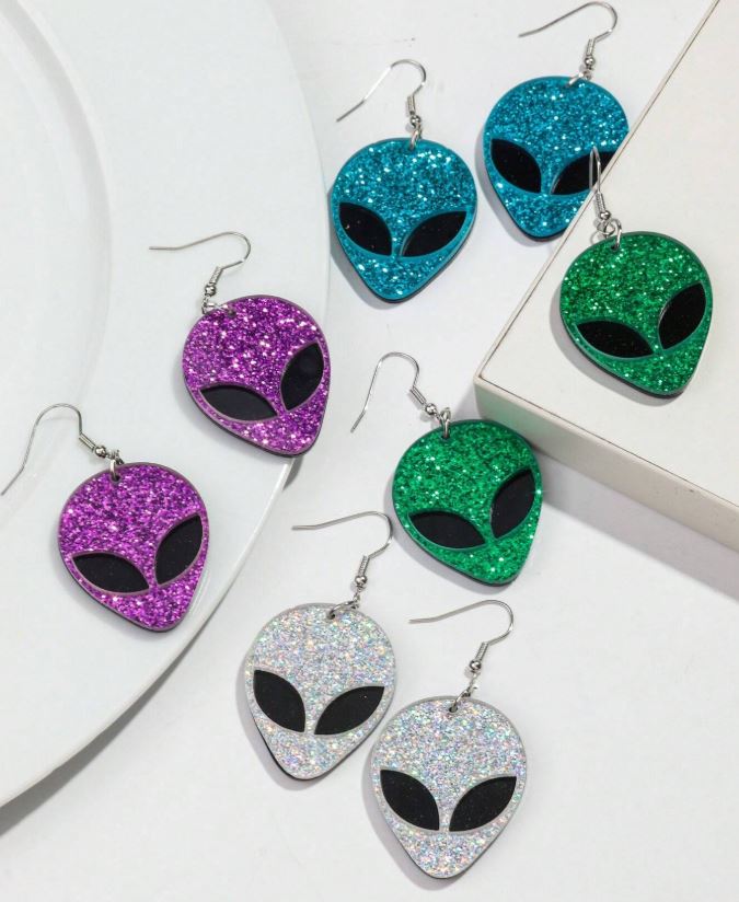 "Alienation" Glitter Alien Face Earrings