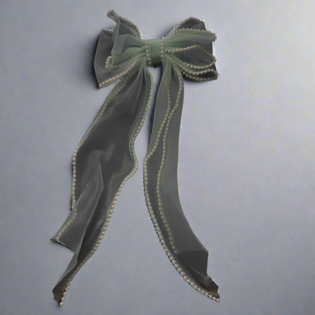 “Sea Foam” Light Blue Sheer Pearl Oversized Hair Bow