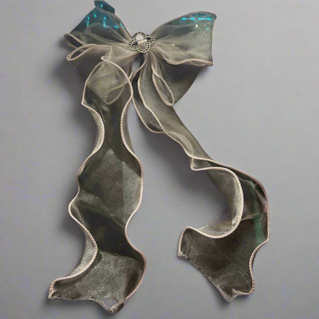 “Sheer Beauty” Silver Tone Large Oversize Hair Bow with Charm