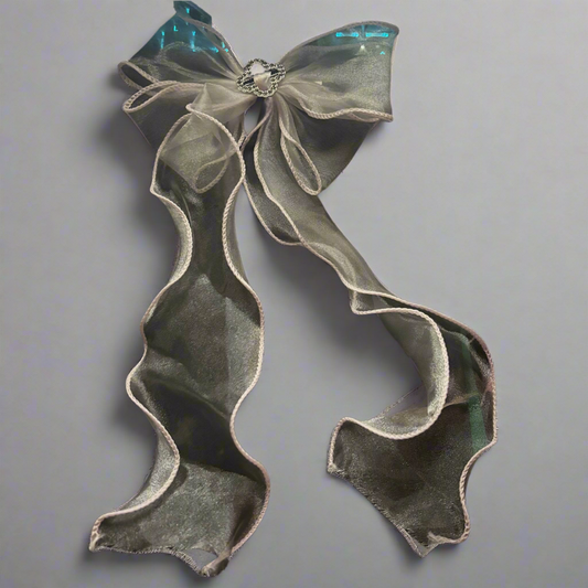 “Sheer Beauty” Silver Tone Large Oversize Hair Bow with Charm