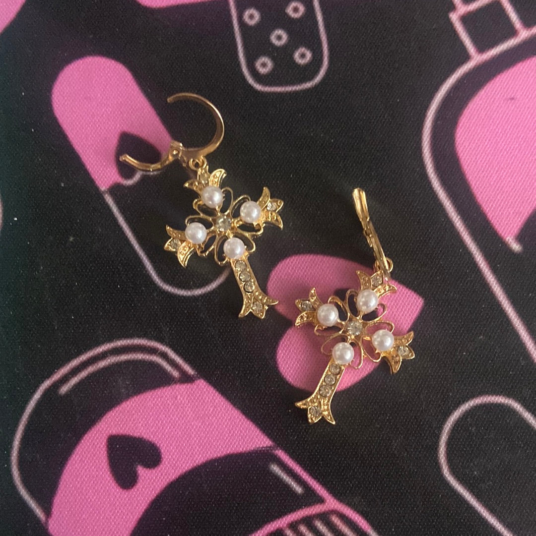 Gothic Gold Pearl Cross Earrings