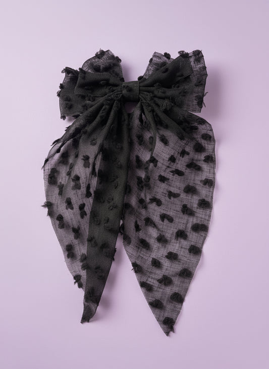 "Gothic Button" Unique Oversize Black Sheer Hairbow with Dot Accents
