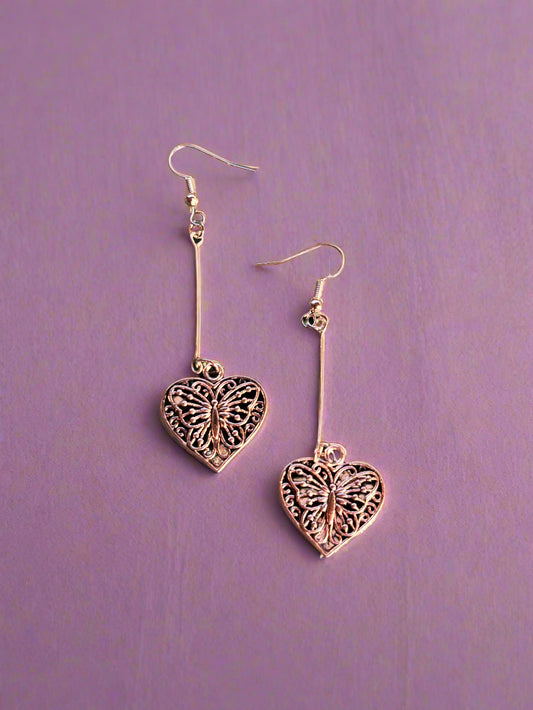 "Embroider" Unique Buttefly Heart Silver tone Earrings