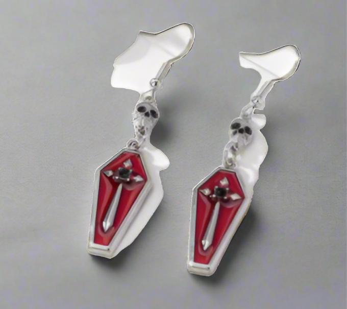 "Coffin" Unique Red Cross and Skull Earrings