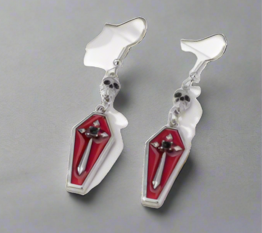 "Coffin" Unique Red Cross and Skull Earrings