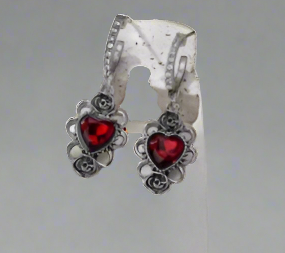 "Ruby Heart" Unique Silver tone Hoop Earrings