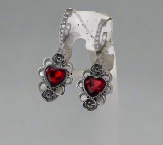 "Ruby Heart" Unique Silver tone Hoop Earrings
