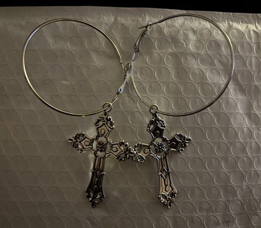 "Hoop Crossed" Unique Large Hoop Earrings with Scrolled Cross