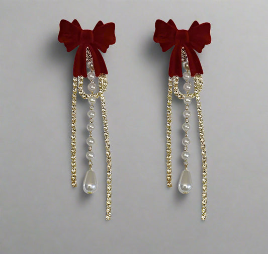 "Sweet Tassel" Burangdy Red Bow Earrings