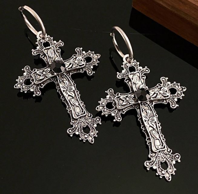 "Embossed" Unique Silvertone Huggie Oversized Cross Earrings