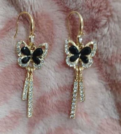 "StarLight Butterfly" Unique Gold Tone black Rhinestone Earrings