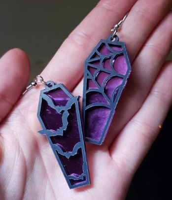 "To The Grave" Batty Purple Coffin Earrings