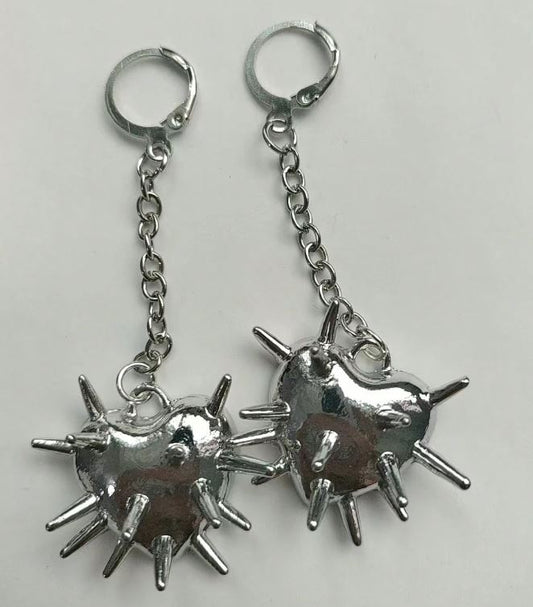 "Thorned Love" Spikey Ball Heart Dangle Earrings