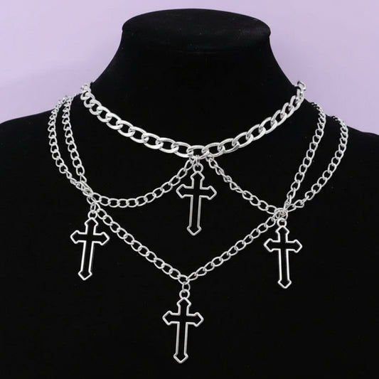 "Crossed" Unique Silvertone Double Stacked Necklace