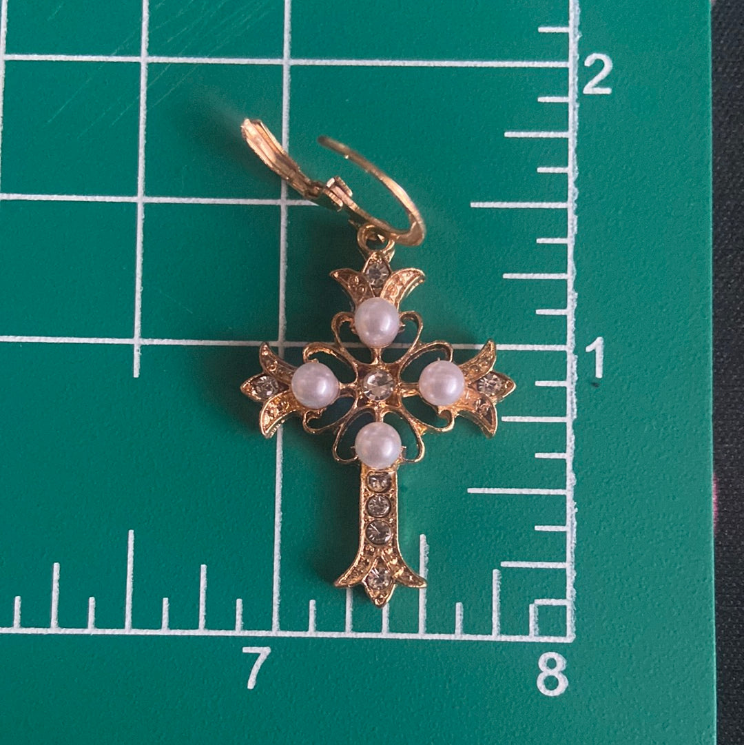 Gothic Gold Pearl Cross Earrings
