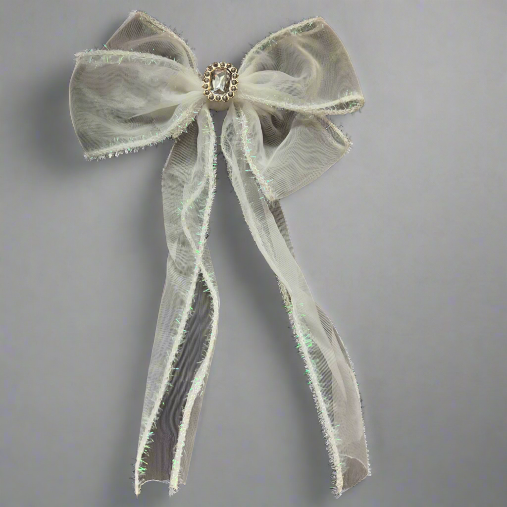 “Snowey White” Large Oversized Hair bow with Rhinestone Accents