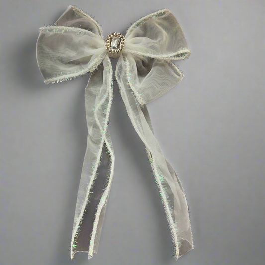 “Snowey White” Large Oversized Hair bow with Rhinestone Accents