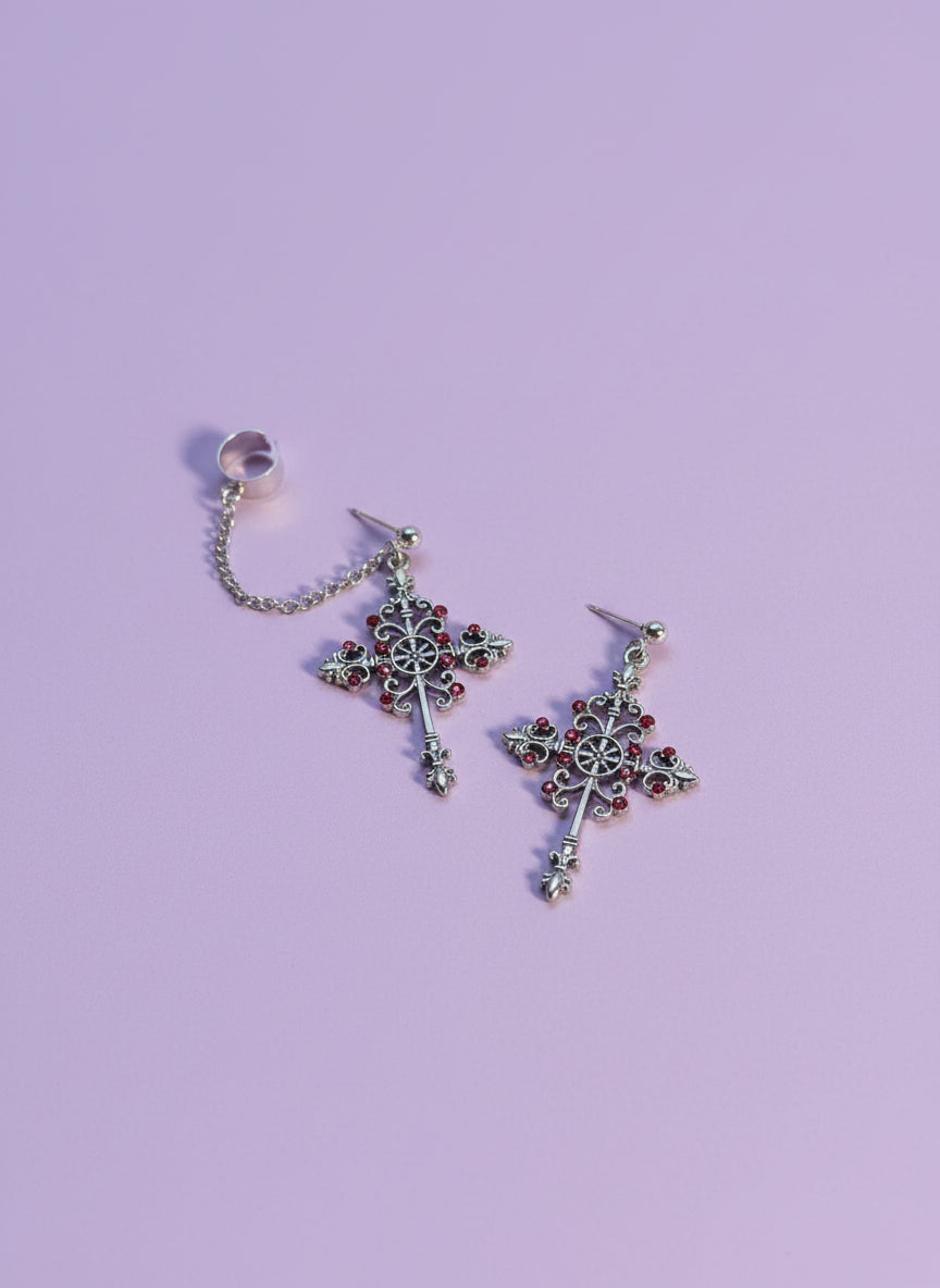 "Cathedral" Unique Gothic Cross Earrings with Ear Cuff