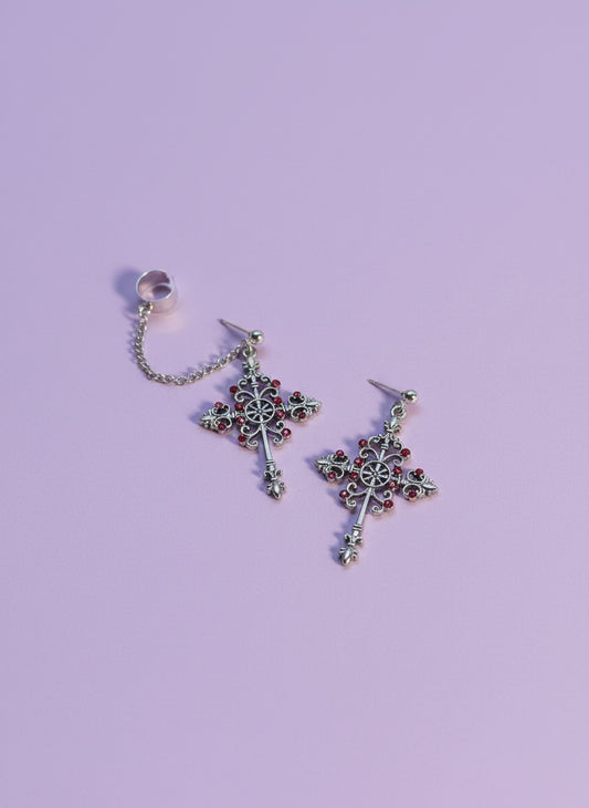 "Cathedral" Unique Gothic Cross Earrings with Ear Cuff