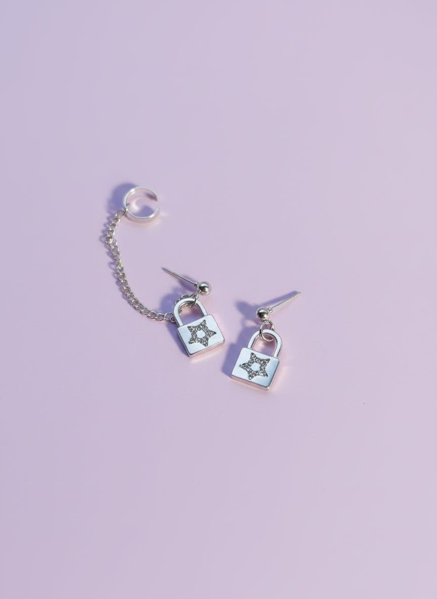 "Locked Star" Unique Lock and Star Rhinestone earrings with ear cuffs