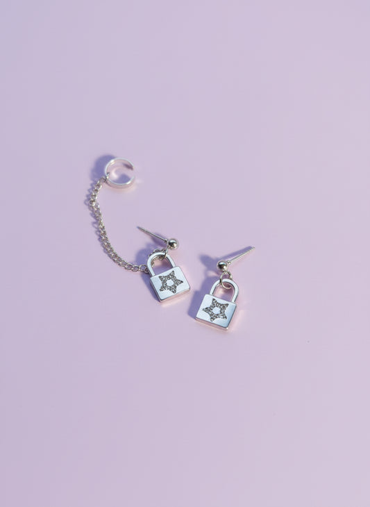 "Locked Star" Unique Lock and Star Rhinestone earrings with ear cuffs